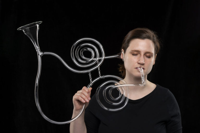 Madeline Rile Smith, Deafening Trumpet, 2021, Glass, performance, Dimensions Vary, object size 13” x 23” x 25” (Photo: Elizabeth Lamark)