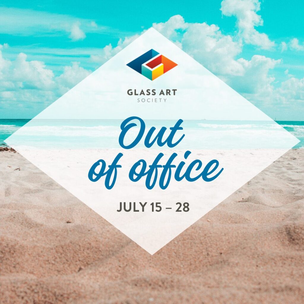 Beach scene with a white diamond graphic with the texr in blue that says "out of office"