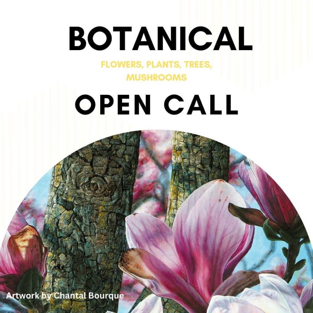 an open call for botanical art with a picture of a tree and flowers