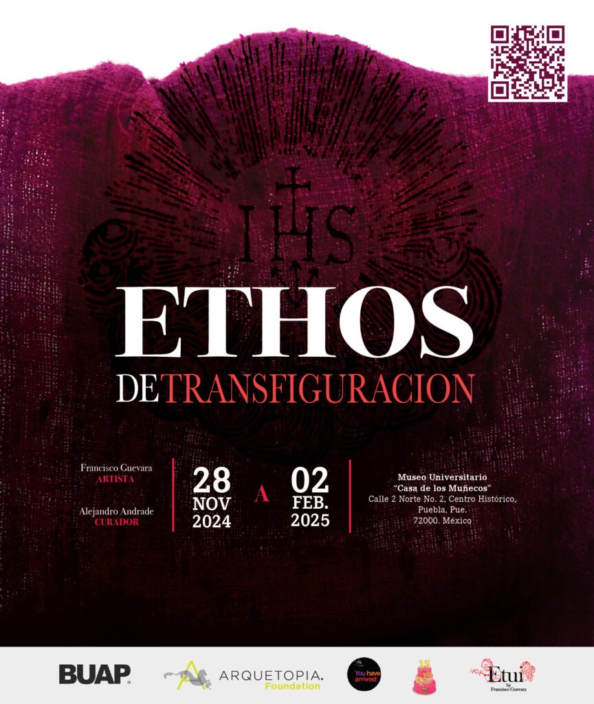 a poster for an art event with the words ethos de transfiguration