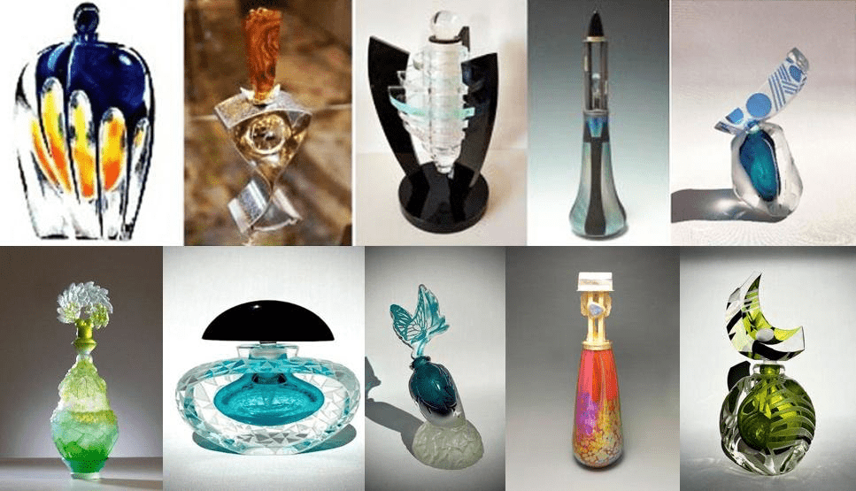 a collage of different colored glass perfume bottles