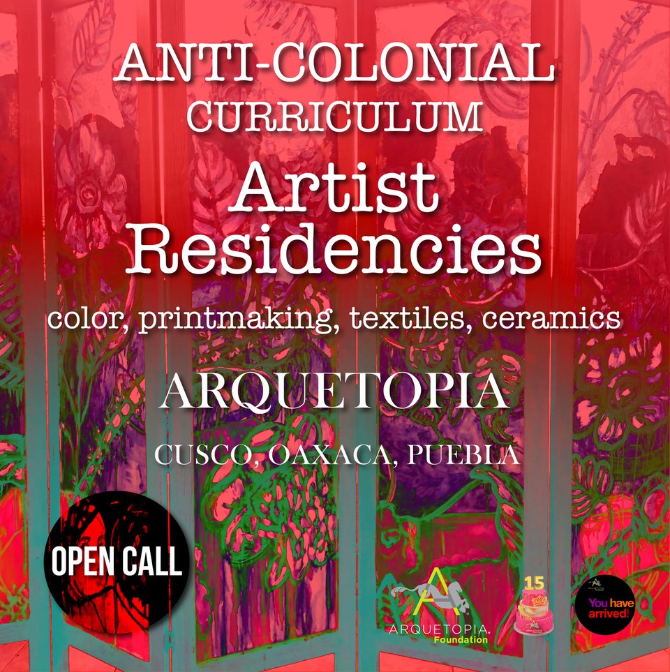 a poster for an art residency open call with a red background