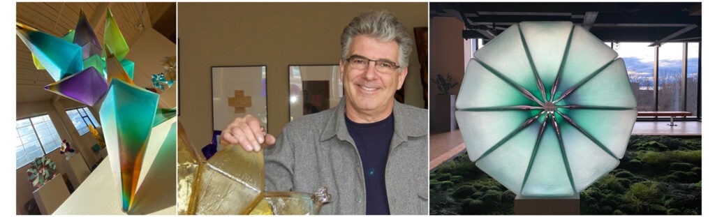 a collage of a man holding a glass decorative item