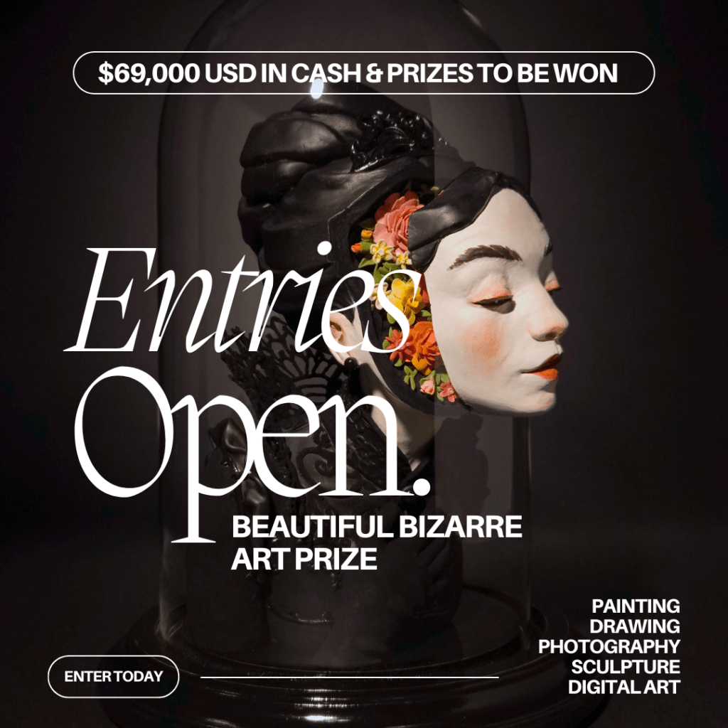 Art prize advertisement featuring a painted face sculpture encased in a glass dome. Text includes prize amount: $69,000 and mentions various art forms like painting, drawing, and digital art.